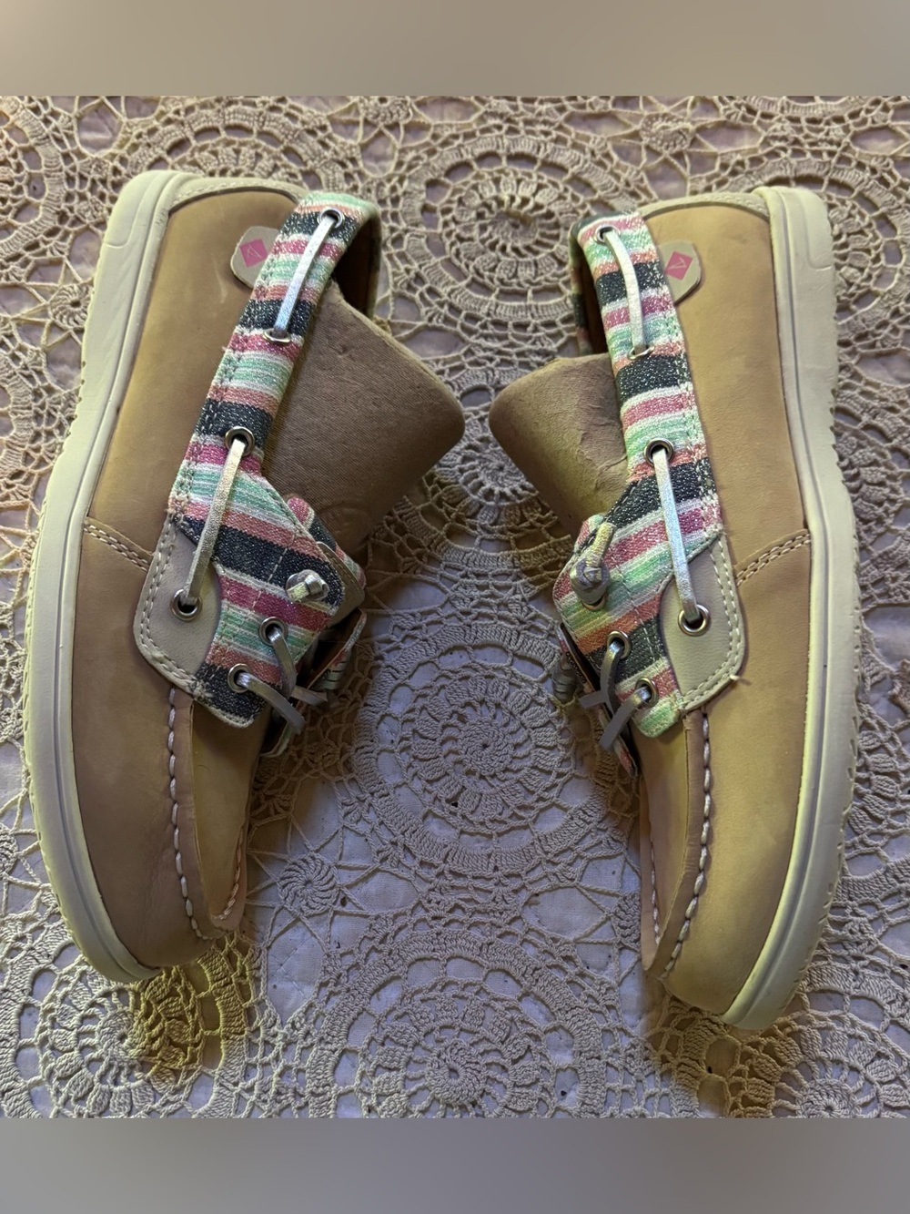 Sperry Top-Sider Kids Leather Shoresider 3-Eye Sparkle Stripe Boat Shoe Youth 4M - Picture 3 of 9